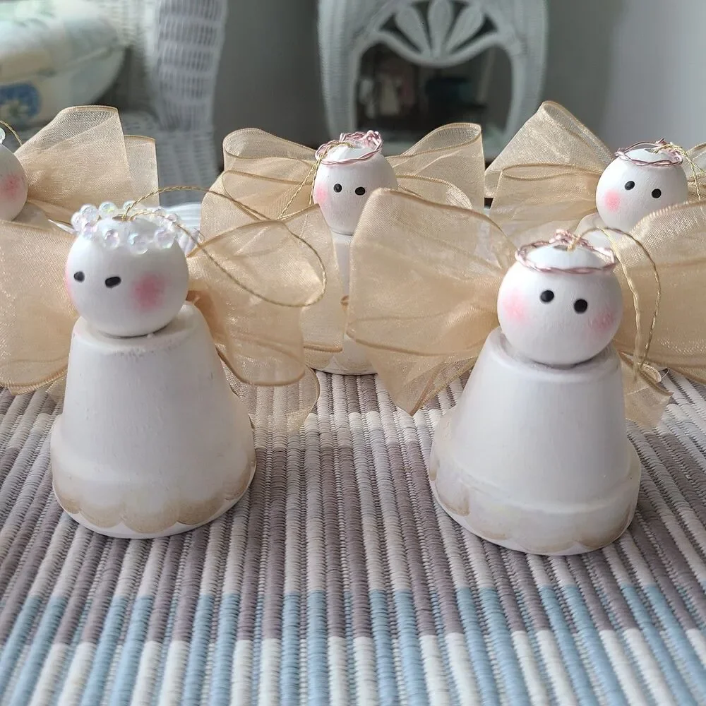 Vintage Handcrafted Mini Clay Pot Holiday Angel Ornaments - Set of 7 - Christmas